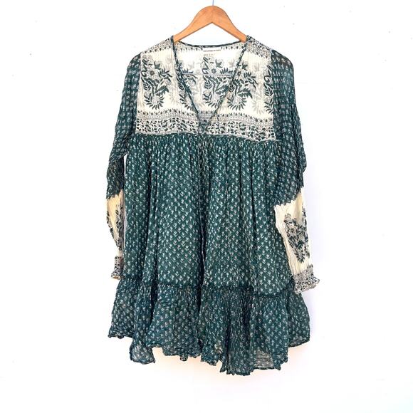 Daughters Of India Rooh Mini Dress Pine Long Sleeve Turquoise Medium Cotton - Picture 5 of 11